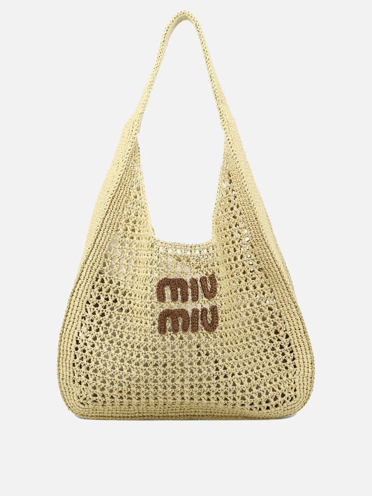 Miu Miu Crochet shoulder bag with logo Beige