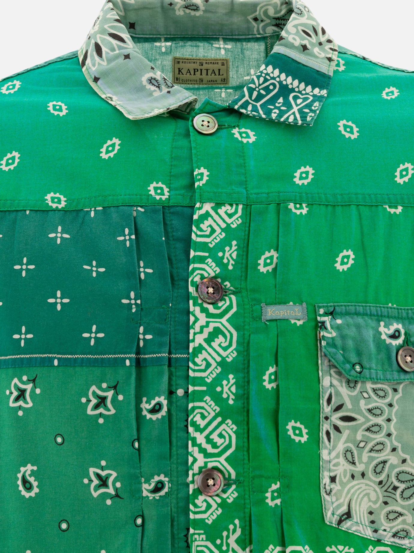 KAPITAL "Gauze Bandana Patchwork" shirt Green